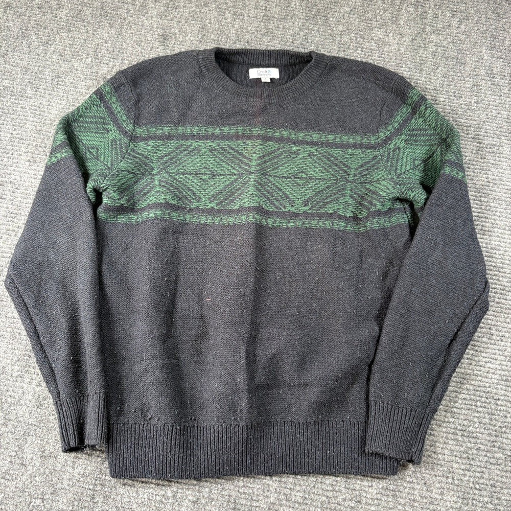 Croft & Barrow Mens Small Charcoal Gray Green Fair Isle Geometric Crew Sweater